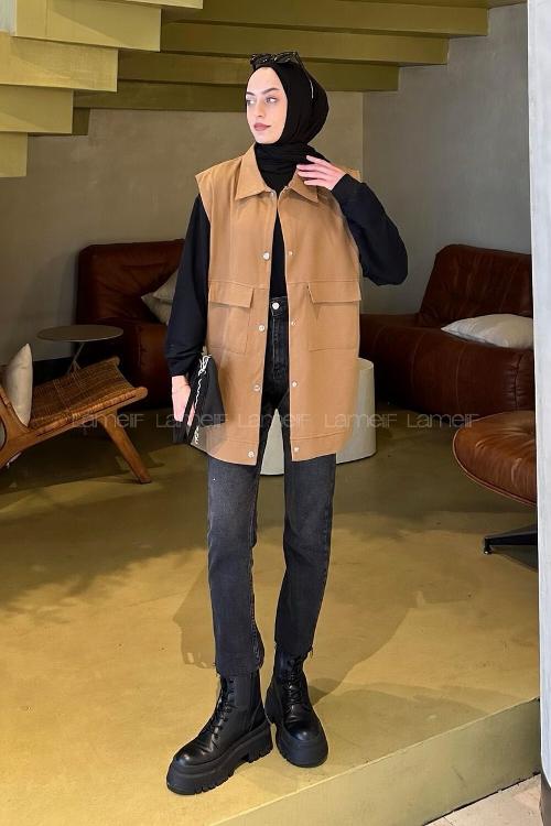 Lamelif Önü Çıtçıt Düğmeli Yelek Camel