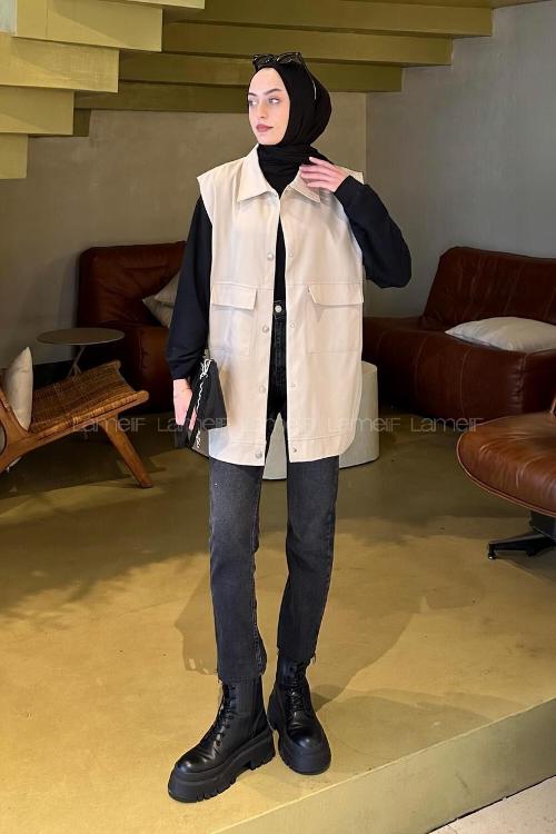 Lamelif Önü Çıtçıt Düğmeli Yelek Kum Beji