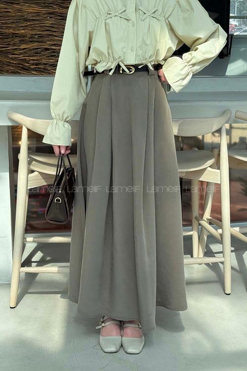 Lamelif Pileli Kemerli Etek Haki