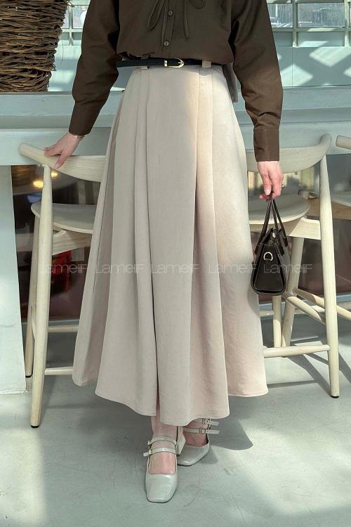 Lamelif Pileli Kemerli Etek Vizonrengi