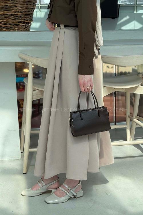 Lamelif Pileli Kemerli Etek Vizonrengi