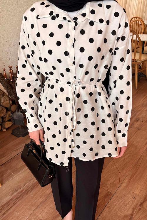 Lamelif Puantiyeli Bağlama Detaylı Gömlek Beyaz-Siyah
