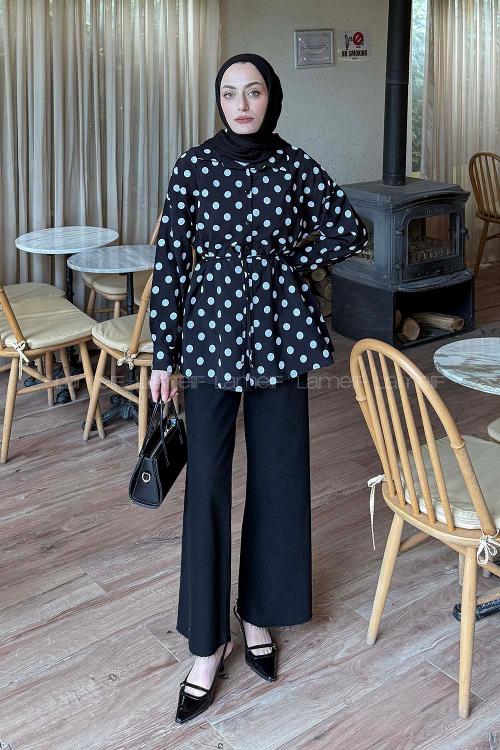 Lamelif Puantiyeli Bağlama Detaylı Gömlek Siyah