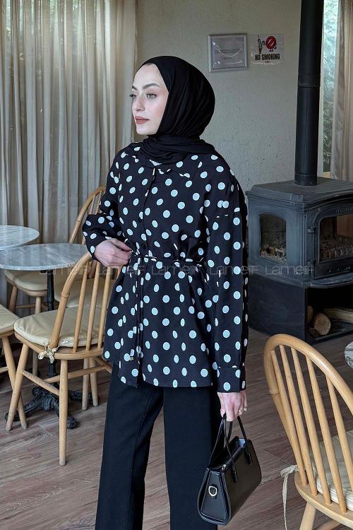 Lamelif Puantiyeli Bağlama Detaylı Gömlek Siyah