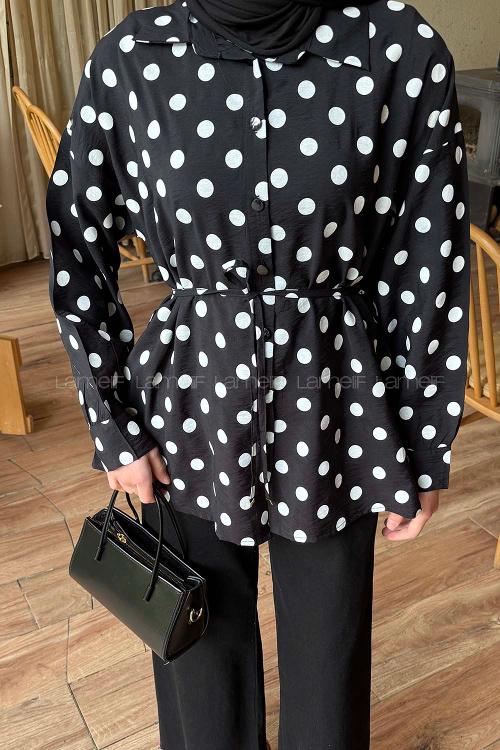 Lamelif Puantiyeli Bağlama Detaylı Gömlek Siyah