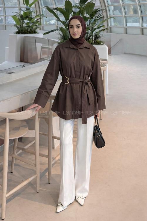 Lamelif Toka Detaylı Uzun Kuşaklı Gömlek Koyu Kahverengi