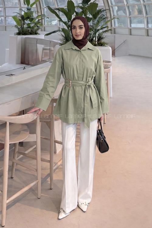 Lamelif Toka Detaylı Uzun Kuşaklı Gömlek Küf Yeşili