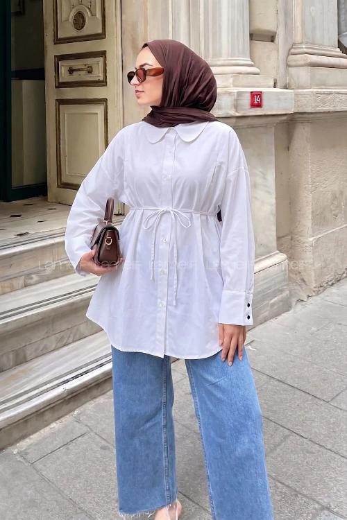 Lamelif Bağlama Detaylı Takma Manşet Gömlek Beyaz