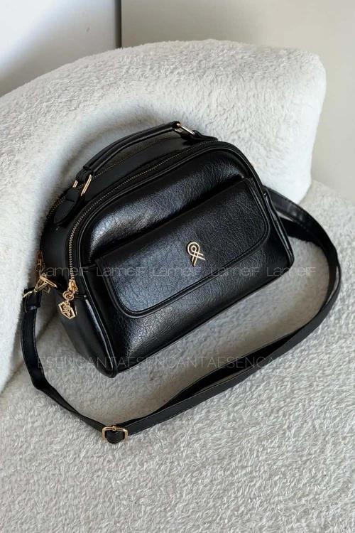 Lamelif Kapak Detaylı Kadın Çapraz Çanta Siyah