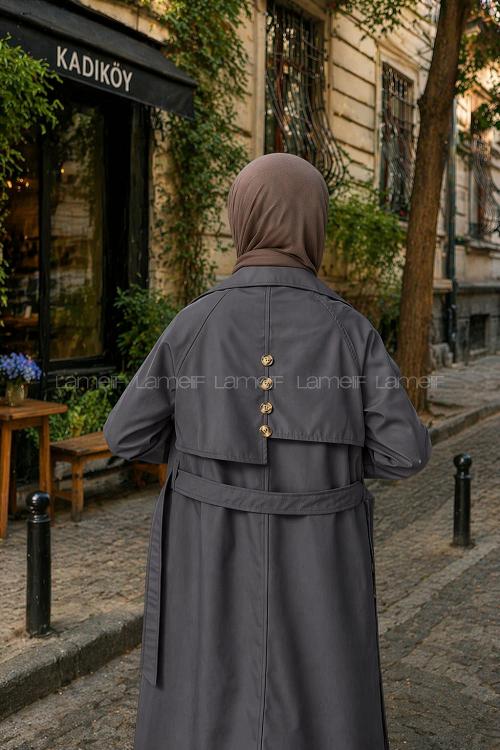 Lamelif Sırt Düğme Detaylı Bağlamalı Trençkot Siyah