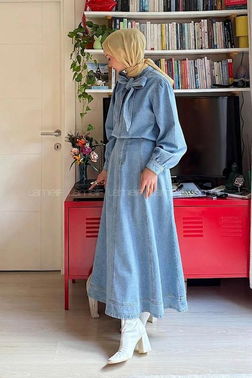 Blue-1 Neckband Long Arm Denim Suit