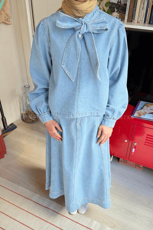Blue-1 Neckband Long Arm Denim Suit