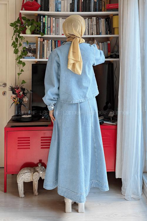 Blue-1 Neckband Long Arm Denim Suit