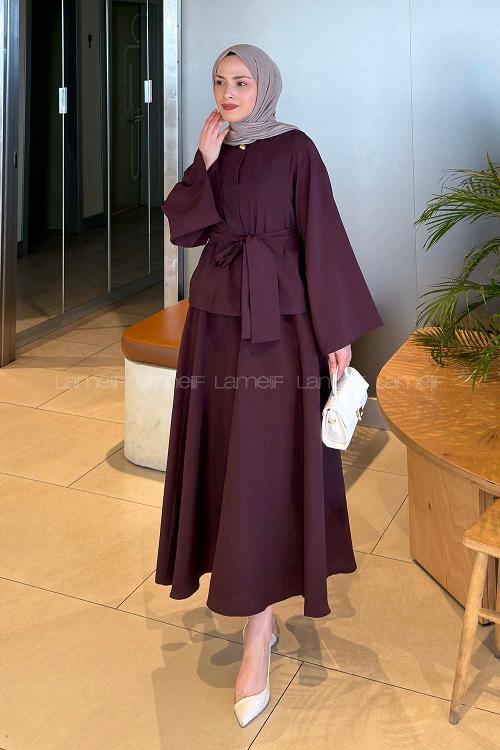 Lamelif Bağcıklı Etek-Bluz İkili Takım Mürdüm