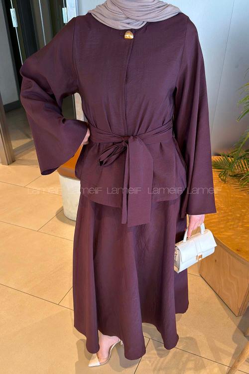 Lamelif Bağcıklı Etek-Bluz İkili Takım Mürdüm