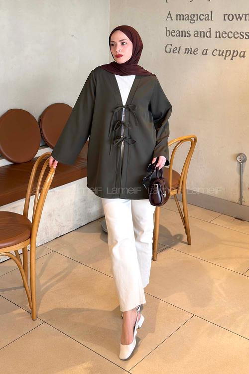 Lamelif Bağlama Detaylı Kimono Tunik Koyu Yeşil