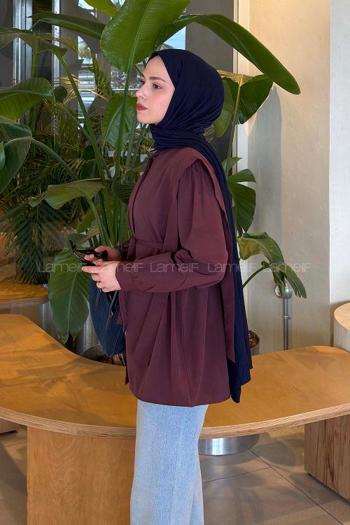 Lamelif Bel Bağlamalı Omuz Vatkalı Gömlek Mürdüm