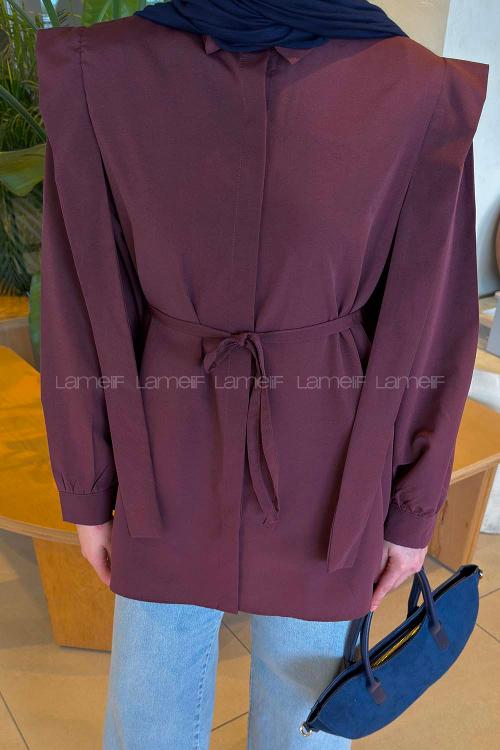 Lamelif Bel Bağlamalı Omuz Vatkalı Gömlek Mürdüm