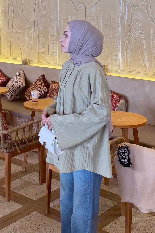Lamelif Çizgi Detaylı Oversize Tesettür Gömlek Çağla Yeşili