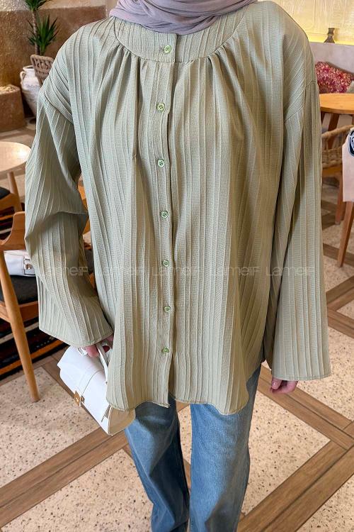 Lamelif Çizgi Detaylı Oversize Tesettür Gömlek Çağla Yeşili