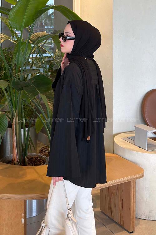 Lamelif Çizgi Detaylı Oversize Tesettür Gömlek Siyah