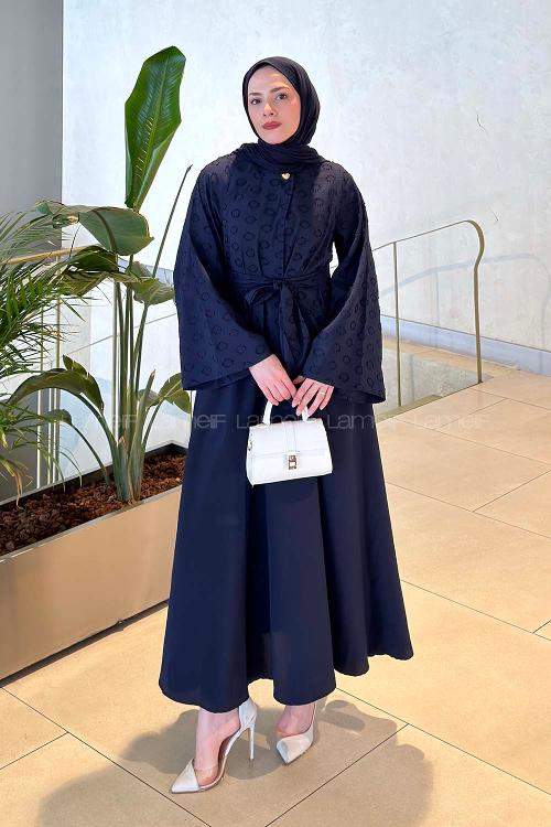 Navy Blue Crew Neck Long Arm Buttoned Polyester Flared Skirt Suit