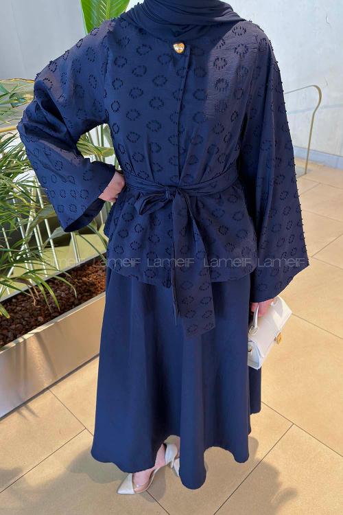 Navy Blue Crew Neck Long Arm Buttoned Polyester Flared Skirt Suit