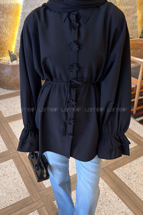 Lamelif Fırfırlı Bağlama Detaylı Gömlek Siyah