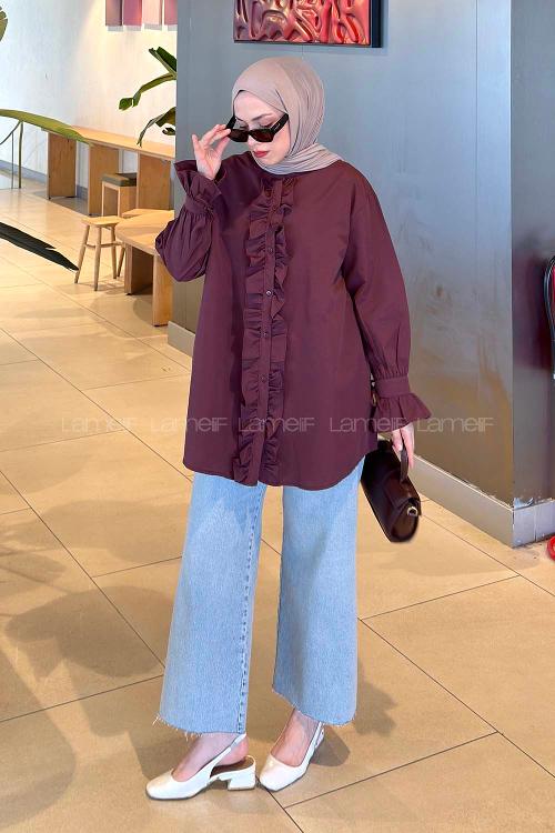 Lamelif Flores Fırfırlı Tunik Mürdüm