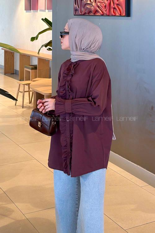 Lamelif Flores Fırfırlı Tunik Mürdüm