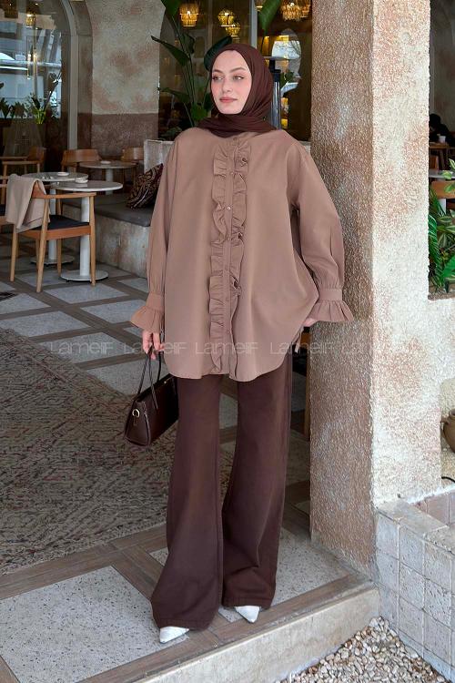 Lamelif Flores Fırfırlı Tunik Soft Kahve