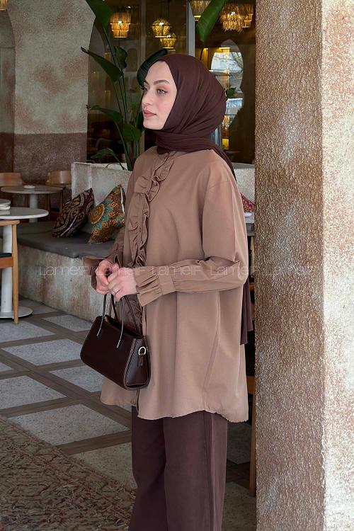 Lamelif Flores Fırfırlı Tunik Soft Kahve