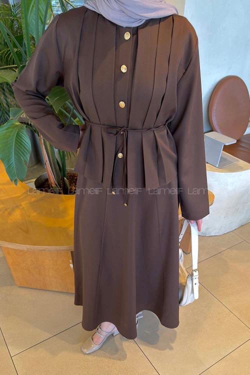 Lamelif Gold Düğme Detaylı Etekli Takım Acı Kahve