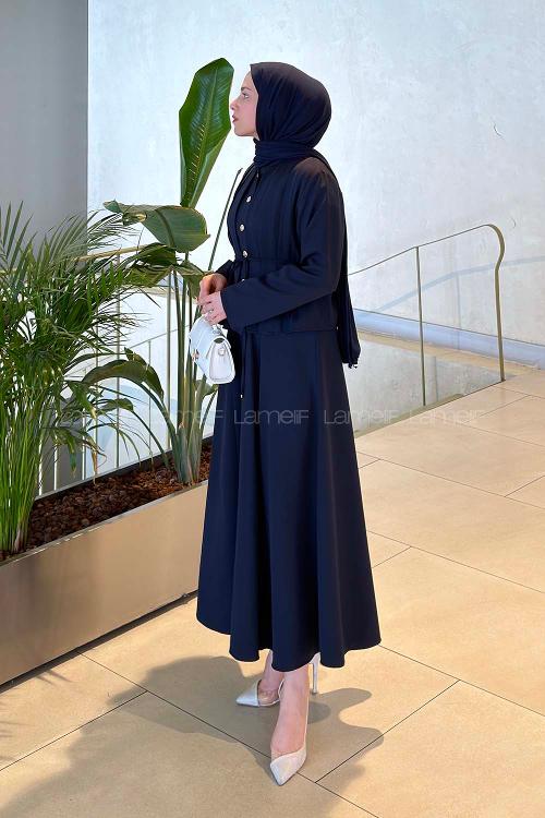 Lamelif Gold Düğme Detaylı Etekli Takım Lacivert