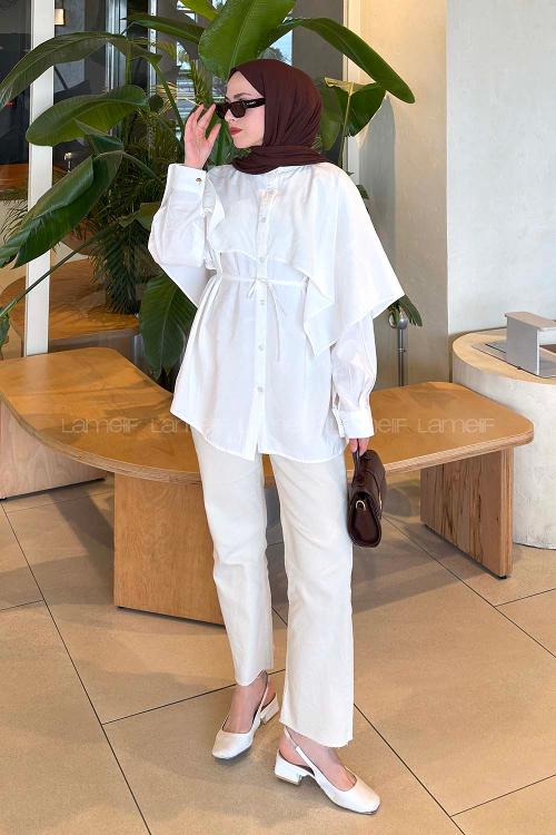 Lamelif Hakim Yaka Pelerinli Gömlek Beyaz