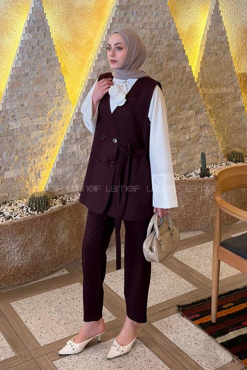 Lamelif Kruvaze Düğme Detaylı Yelek-Pantolon Takım Mürdüm