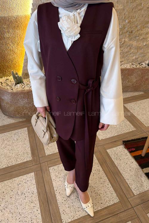 Lamelif Kruvaze Düğme Detaylı Yelek-Pantolon Takım Mürdüm