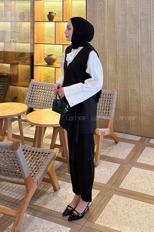 Lamelif Kruvaze Düğme Detaylı Yelek-Pantolon Takım Siyah