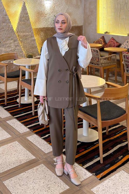 Lamelif Kruvaze Düğme Detaylı Yelek-Pantolon Takım Soft Kahve
