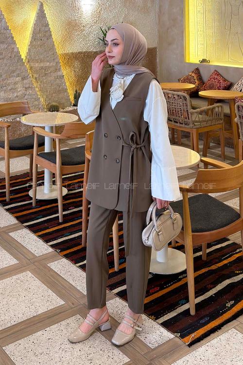 Lamelif Kruvaze Düğme Detaylı Yelek-Pantolon Takım Soft Kahve