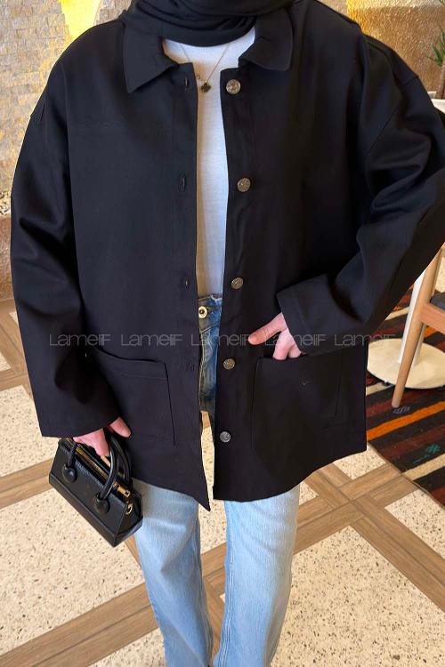 Lamelif Metal Düğme Kapama Oversize Ceket Siyah