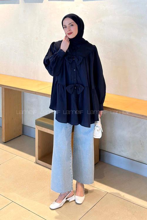 Lamelif Papyon Detaylı Tunik Lacivert