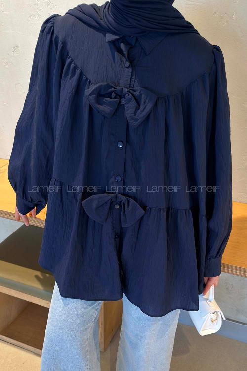 Lamelif Papyon Detaylı Tunik Lacivert
