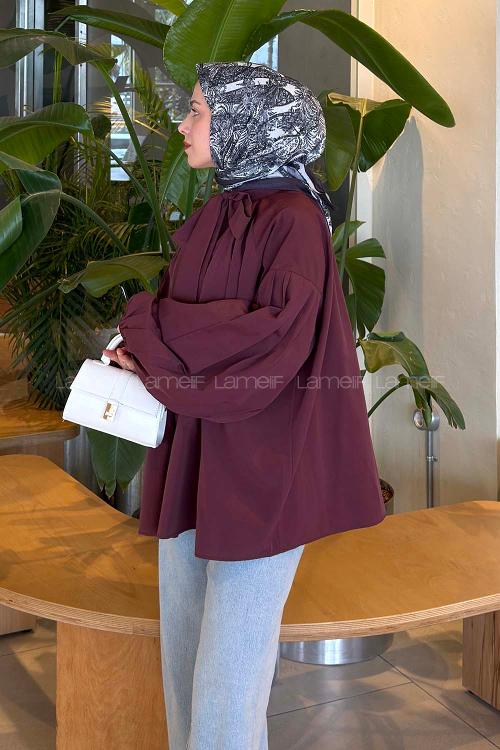 Lamelif Yaka Fular Detaylı Gömlek Mürdüm