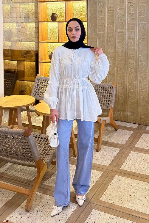 Lamelif Yaka ve Bel Bağlama Detaylı Tunik Beyaz