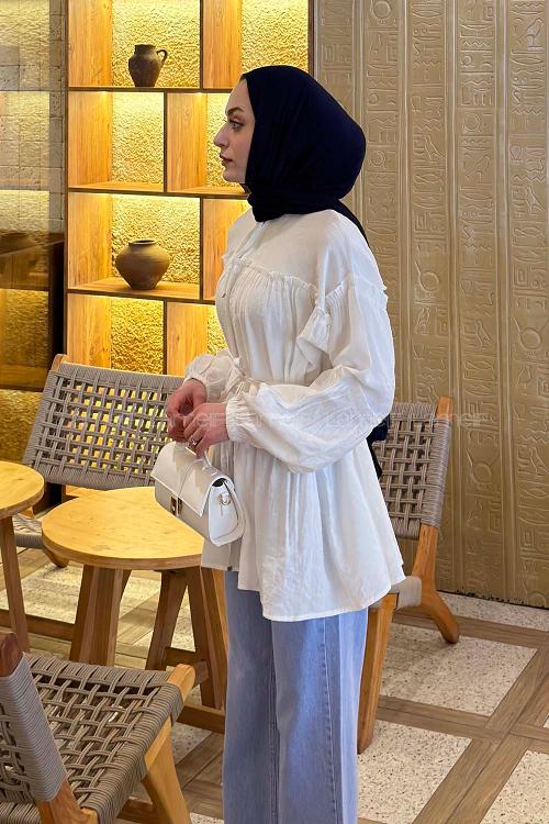 Lamelif Yaka ve Bel Bağlama Detaylı Tunik Beyaz