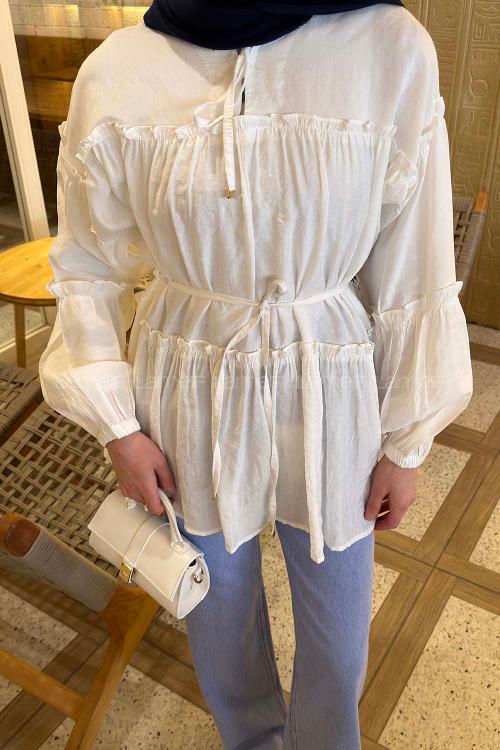 Lamelif Yaka ve Bel Bağlama Detaylı Tunik Beyaz