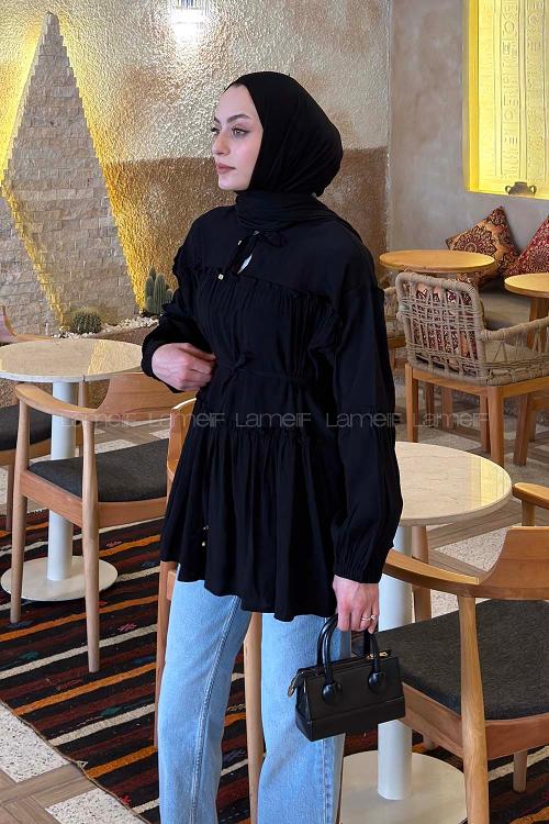 Lamelif Yaka ve Bel Bağlama Detaylı Tunik Siyah