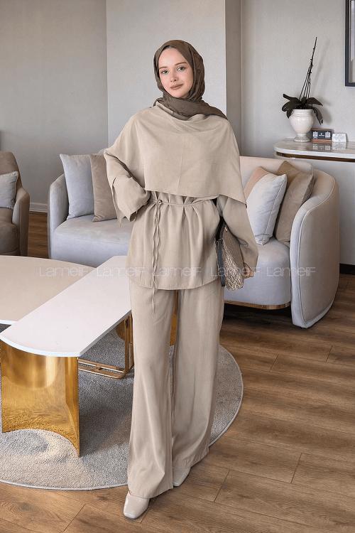 Lamelif Şallı Pantolon Takım Bej