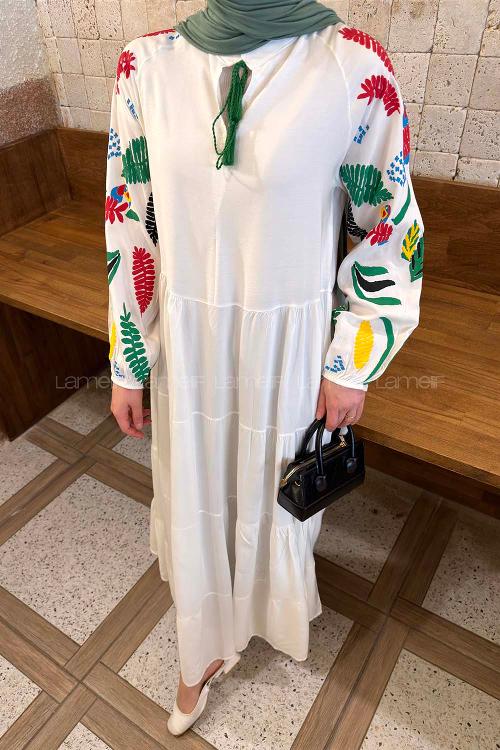 Lamelif Baskılı Viskon Elbise Beyaz